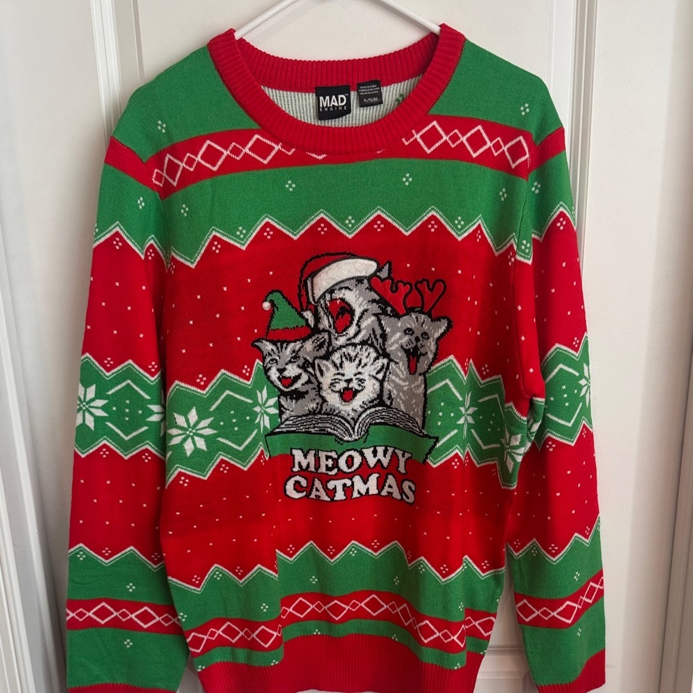 MAD Engine Red and Green Meowy Catmas Sweater